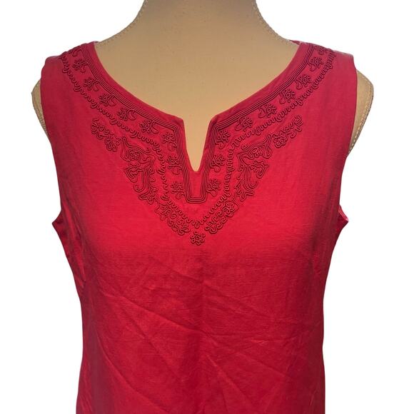 Talbots Women's 12P Preppy V Neck Knee Length Pink Shift Dress Embroidered Linen - Picture 3 of 8